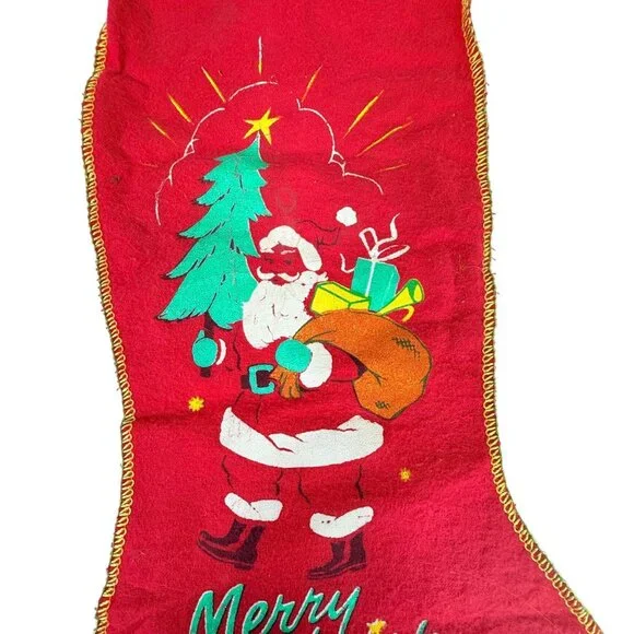 Vintage 1950s Felt Red Christmas Stocking Merry Christmas Santa Claus Felt 17” - Picture 2 of 7